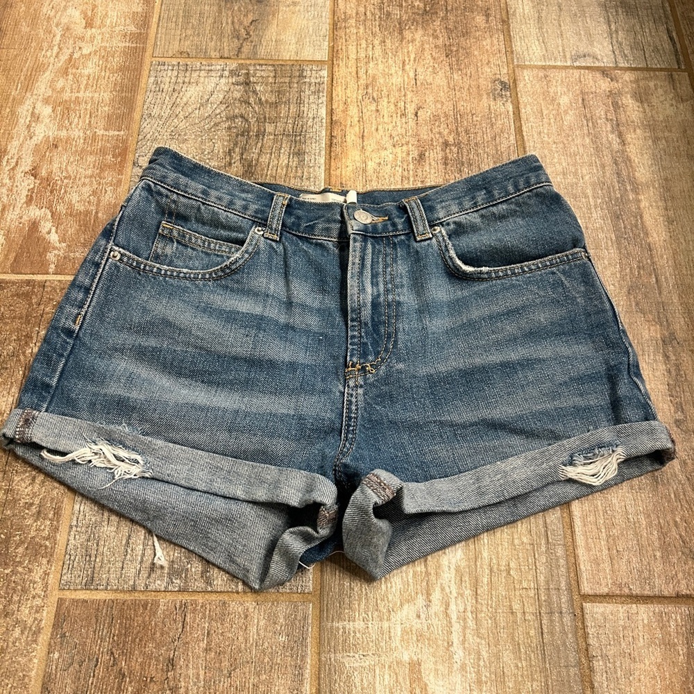 Topshop Blue Distressed Rolled Hem Jean Shorts